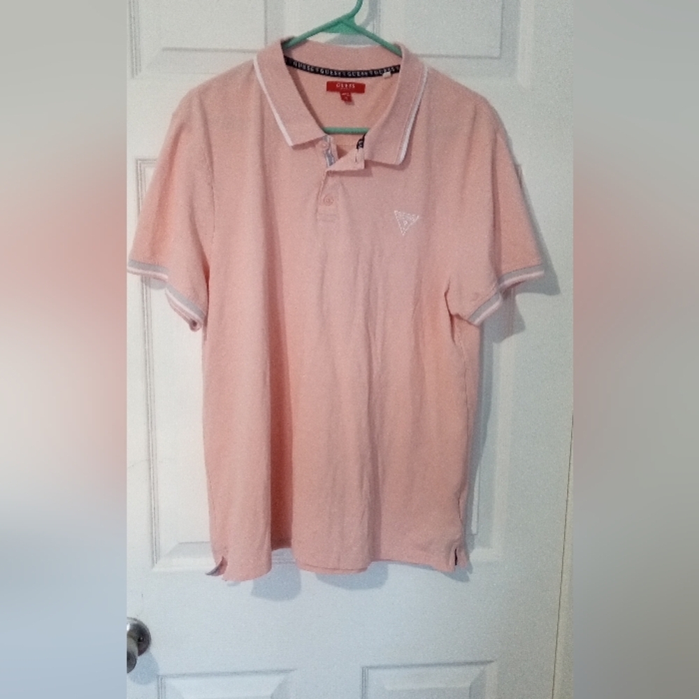 Vintage Guess men's pink polo shirt, size XL.